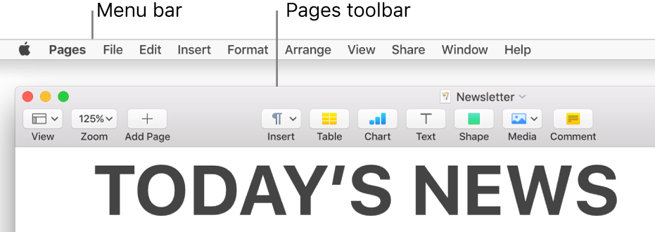 The menu bar at the top of the screen with Apple, Pages, File, Edit, Insert, Format, Arrange, View, Share, Window and Help menus. Below the menu bar is an open Pages document with toolbar buttons across the top for View, Zoom, Add Page, Insert, Table, Chart, Text, Shape, Media and Comment.