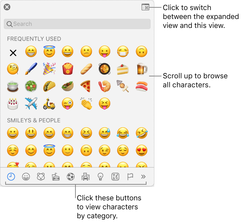 The Special Characters pop-up showing emoticons, buttons for different types of symbols at the bottom, and a callout to a button to show the full Characters window.
