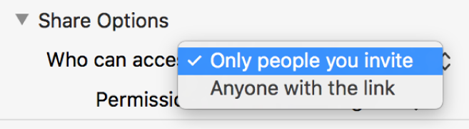 The Share Options section of the collaboration dialog with the “Who can access” pop-up menu open and “Only people you invite” selected.