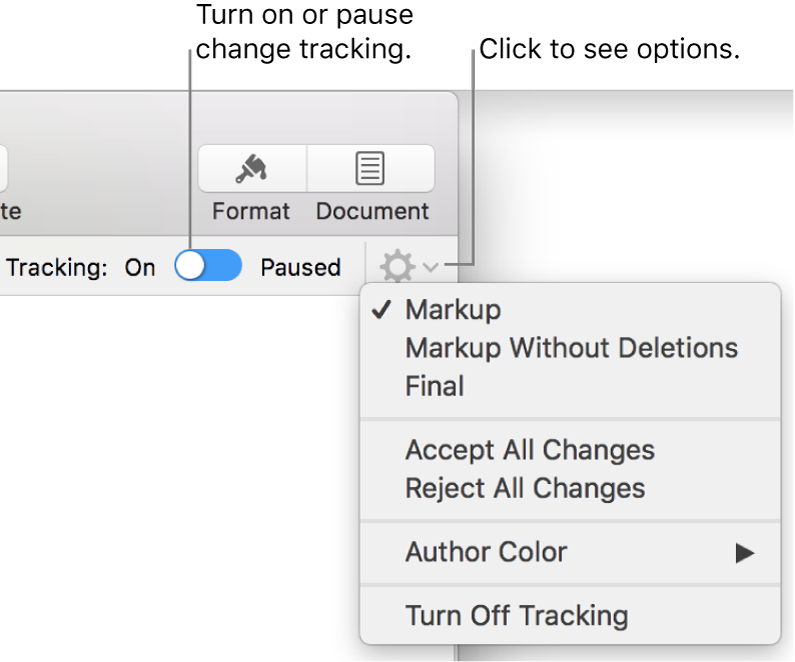 The tracking options menu showing Turn off Tracking at the bottom, and callouts to the Tracking On and Paused button.