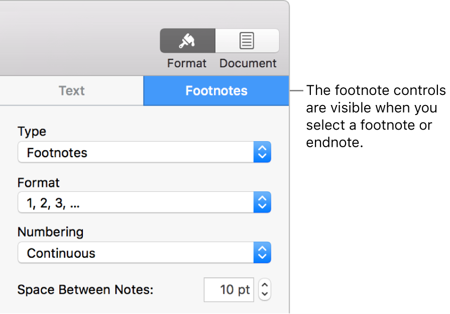 The Footnotes pane showing pop-up menus for Type, Format, Numbering, and space between notes.