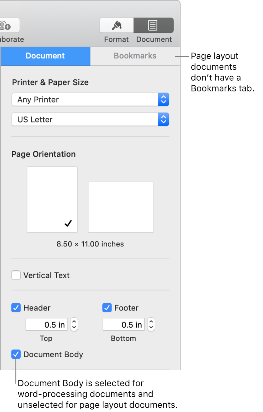 The Format sidebar with the Document and Bookmarks tabs at the top. The Document tab is selected and a callout to the Bookmarks tab says that page layout documents don’t have a Bookmarks tab. The Document Body checkbox is selected, which also indicates that this is a word-processing document.