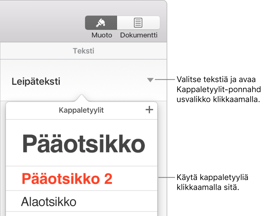 Kappaletyylit-valikko.