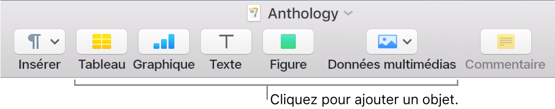 La barre d’outils avec des boutons permettant d’ajouter des tableaux, graphiques, zones de texte, figures et contenu multimédia.