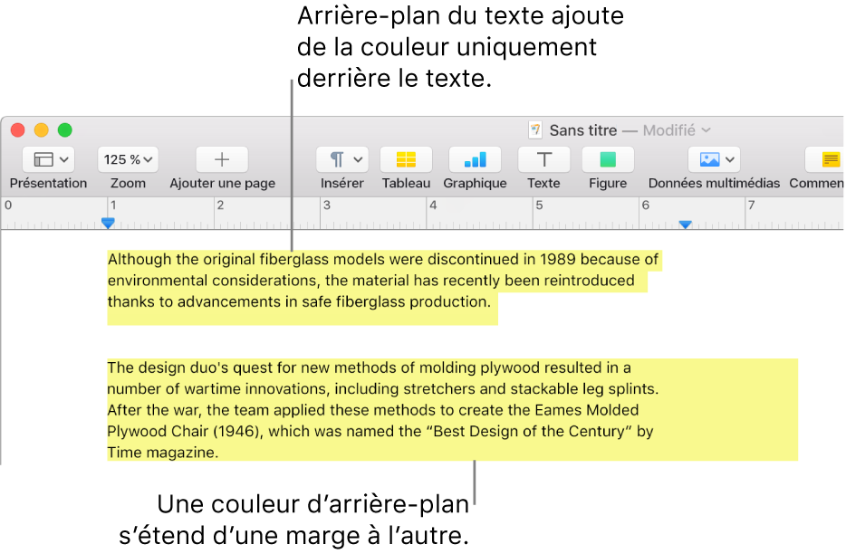 Un paragraphe avec de la couleur uniquement derrière le texte, et un autre avec un arrière-plan coloré allant d’une marge à l’autre pour créer un bloc.