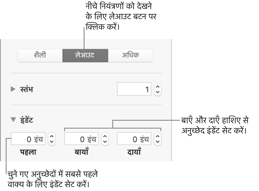 पहली पंक्ति इंडेंट सेट करने के लिए “फ़ॉर्मैट” साइडबार के “लेआउट” सेक्शन के नियंत्रण।