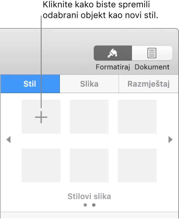 Kartica Stil rubnog stupca Formatiraj, s tipkom Izradi stil u gornjem lijevom kutu i pet praznih držača mjesta za stil.