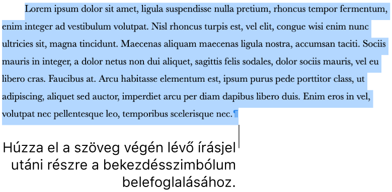 Egy bekezdés, amelynek kijelölésében a bekezdés szimbólum is szerepel.