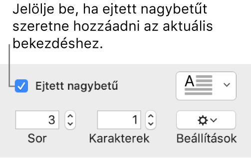 Az Ejtett nagybetű jelölőnégyzet be van jelölve, a négyzet jobb oldalán egy előugró menü látható, a menü alatt pedig a sorok magasságának, a karakterek számának és az egyéb lehetőségeknek beállítására szolgáló vezérlők jelennek meg.