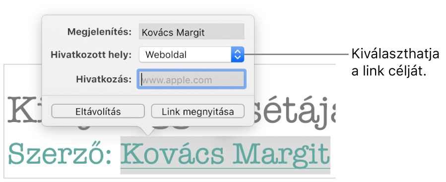 A Linkbeállítások előugró menü, a Megjelenítés, a Hivatkozott hely (webhely beállítással) és a Link mezővel. Az Eltávolítás és a Link megnyitása gomb az előugró ablak legalján találhatóak.