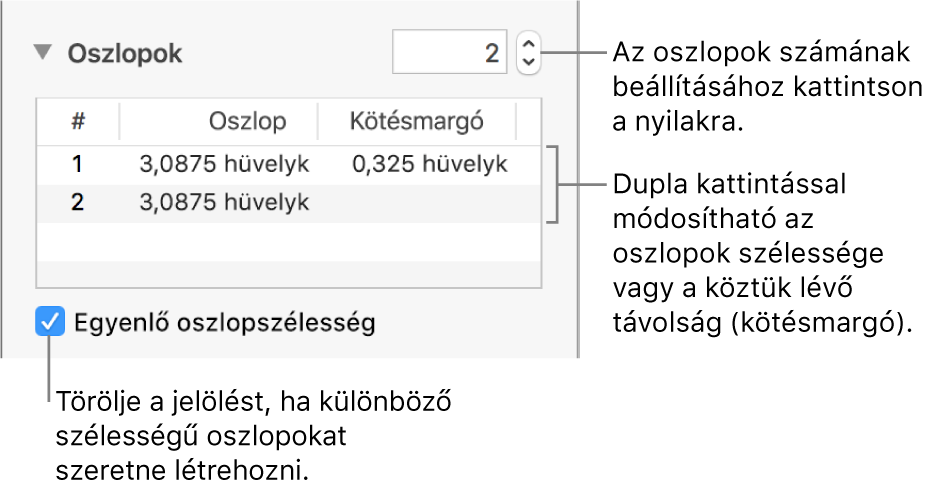 A Formátumvizsgáló Elrendezés panelje az oszlopok vezérlőivel.