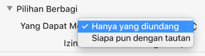 Bagian Pilihan Berbagi dari dialog kolaborasi dengan menu pop-up "Yang dapat mengakses" dibuka dan "Dapat membuat perubahan" dipilih.