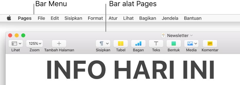 Bar menu di bagian atas layar dengan menu Apple, Pages, File, Edit, Sisipkan, Format, Susun, Lihat, Bagikan, Jendela, dan Bantuan. Di bawah bar menu adalah dokumen Pages yang terbuka dengan tombol bar alat di sepanjang bagian atas untuk Lihat, Zoom, Tambah Halaman, Sisipkan, Tabel, Bagan, Teks, Bentuk, Media, dan Komentar.