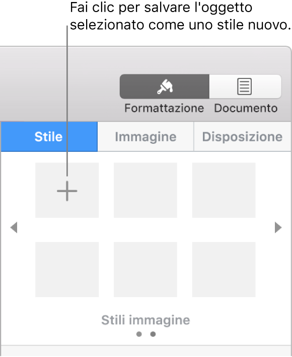 Pannello Stile della barra laterale Formato con il pulsante “Crea stile” nell’angolo superiore sinistro e cinque segnaposto di stile vuoti.