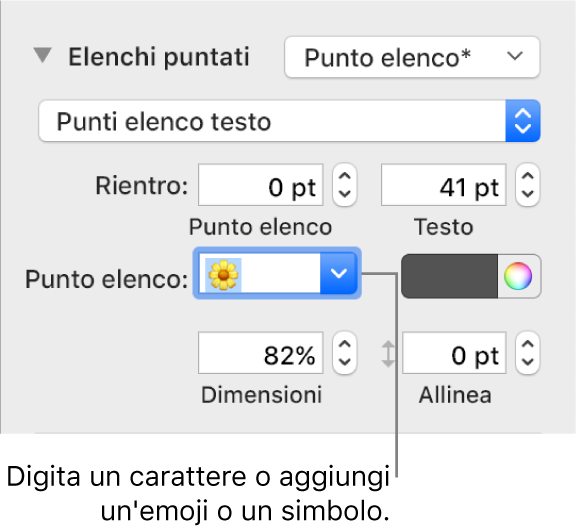 La sezione “Elenchi puntati” della barra laterale Formato. Nel campo “Punto elenco” viene visualizzata l'emoji di un fiore.