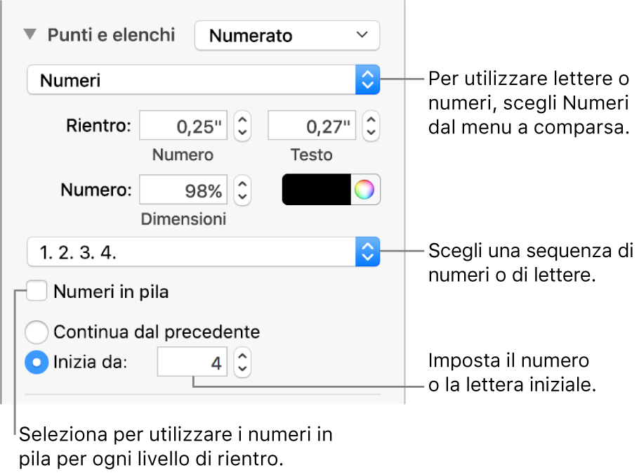 Controlli per modificare lo stile dei numeri e la spaziatura di un elenco.