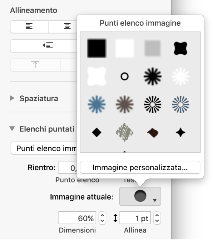 Il menu a comparsa “Punti elenco immagine”.