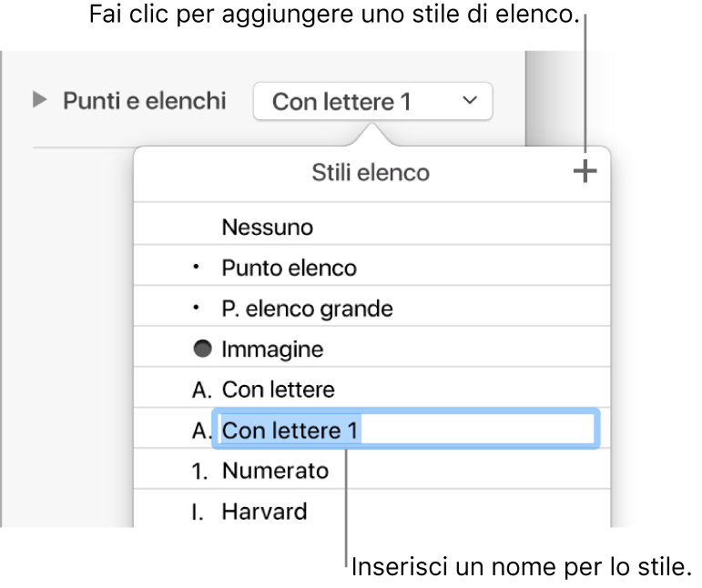 Menu a comparsa “Stili elenco” con un pulsante Aggiungi nell'angolo superiore destro e un nome di stile segnaposto con il suo testo selezionato.