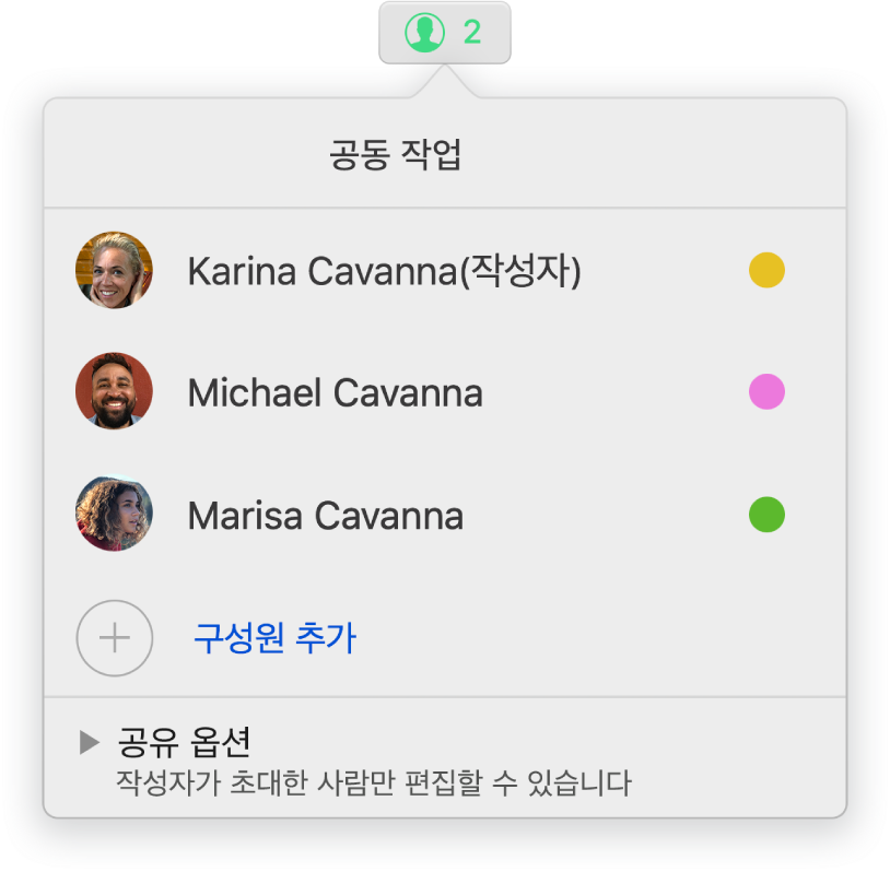 문서에서 공동으로 작업하는 사람들의 이름을 나타내는 공동 작업 메뉴. 이름 아래에 나타나는 공유 옵션.