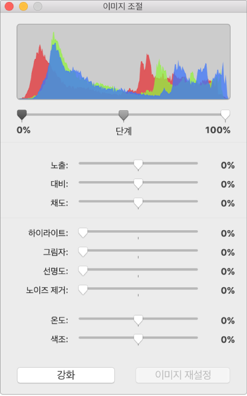 노출, 대비, 채도, 하이라이트, 그림자, 선명도, 노이즈 제거, 온도 및 색조 설정을 위한 슬라이더가 있는 이미지 조절 윈도우.