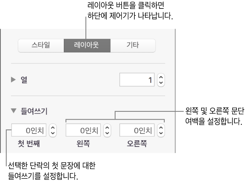 첫 번째 줄 들여쓰기 설정을 위한 포맷 사이드바의 스타일 섹션에 있는 제어기.