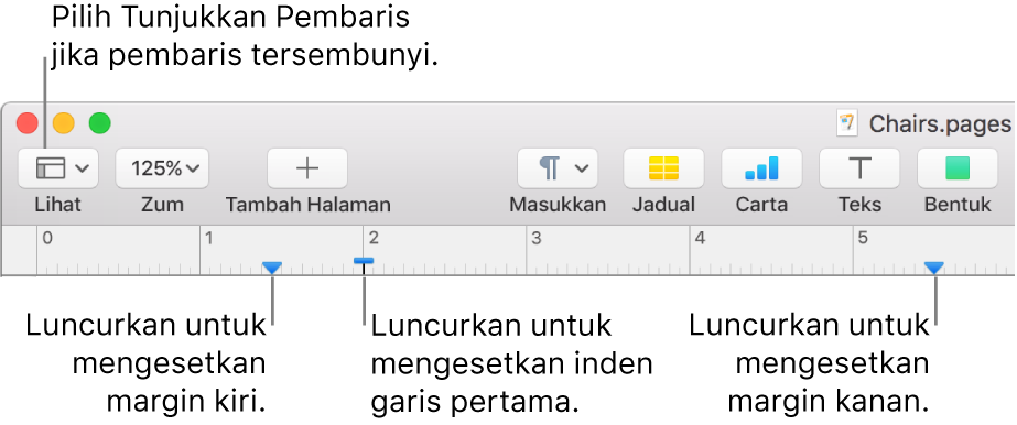 Pembaris dengan kawalan margin kiri dan kawalan inden baris pertama.