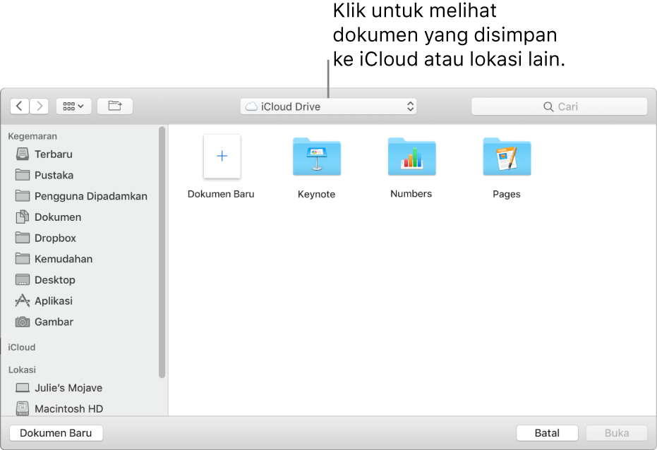 Dialog Buka dengan bar sisi dibuka pada bahagian kiri dan iCloud Drive dipilih dalam menu timbul di bahagian atas. Folder untuk Keynote, Numbers dan Pages muncul dalam dialog, bersama dengan butang Dokumen Baru.