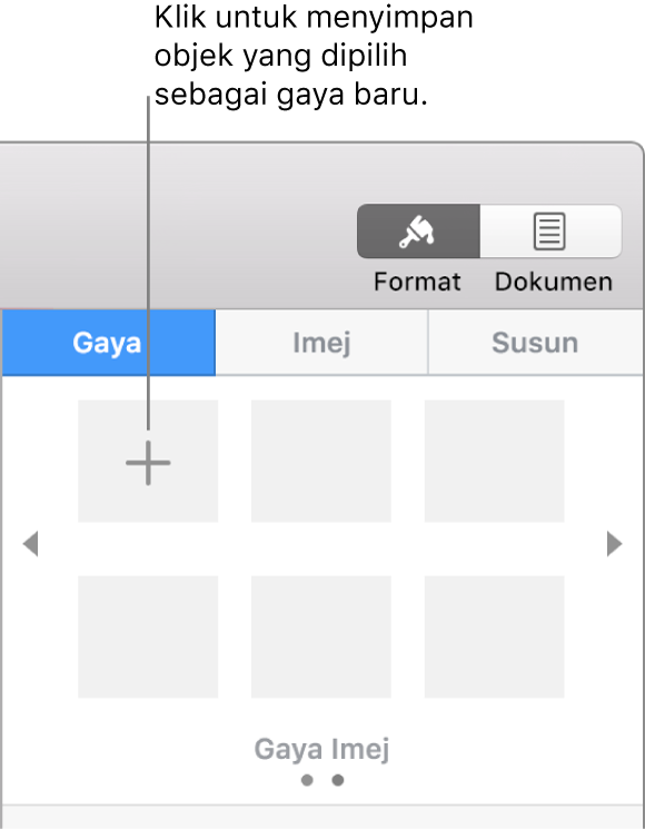 Tab Gaya pada bar sisi Format, dengan butang Cipta Gaya di penjuru kiri atas dan lima ruang letak gaya kosong.