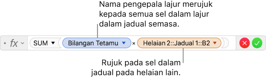 Editor Formula menunjukkan formula yang merujuk pada lajur dalam satu jadual dan sel dalam jadual lain.