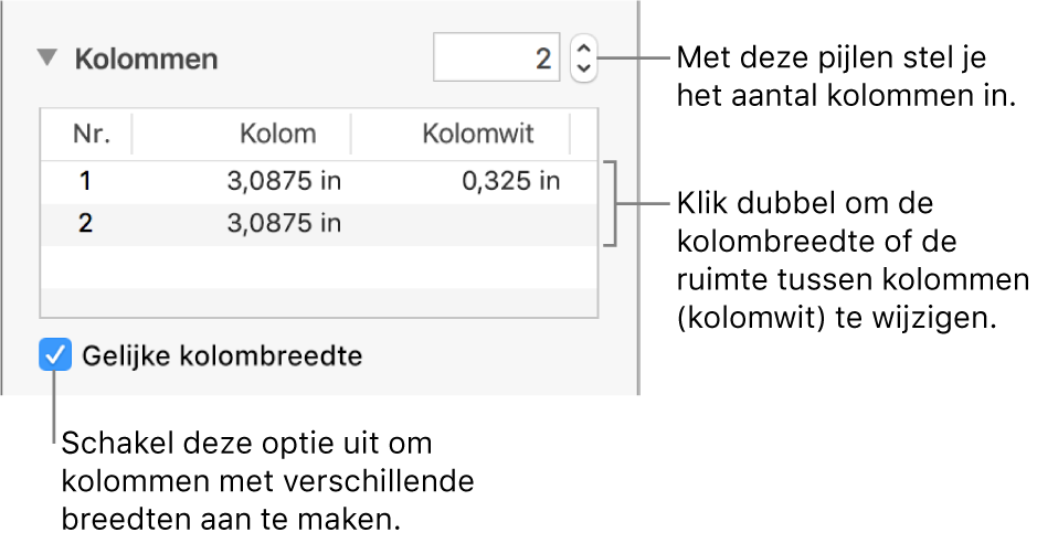 Paneel 'Lay-out' van het infovenster 'Opmaak', met kolomregelaars.