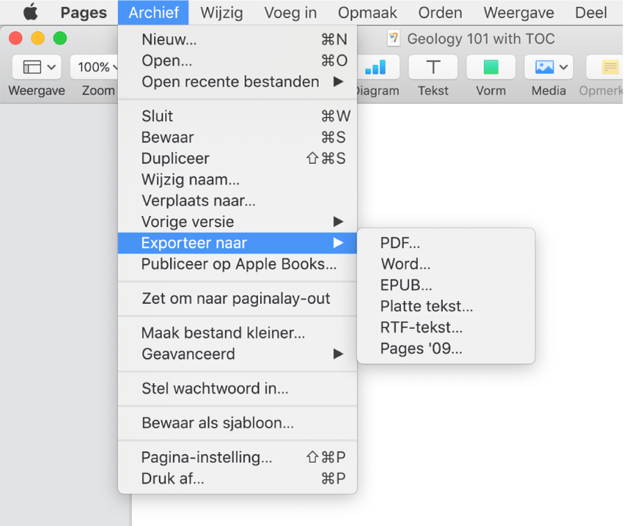 Geopend Archief-menu met de optie 'Exporteer naar' geselecteerd en in het submenu de exportopties voor pdf, Word, platte tekst, RTF-tekst, EPUB en Pages '09.
