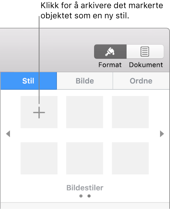 Stil-fanen i Format-sidepanelet med Opprett stil-knappen oppe til venstre og fem tomme stilplassholdere.
