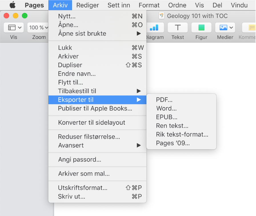 Arkiv-menyen åpen med Eksporter til markert, med undermenyen som viser eksportvalg for PDF, Word, ren tekst, rikt tekstformat, EPUB og Pages '09