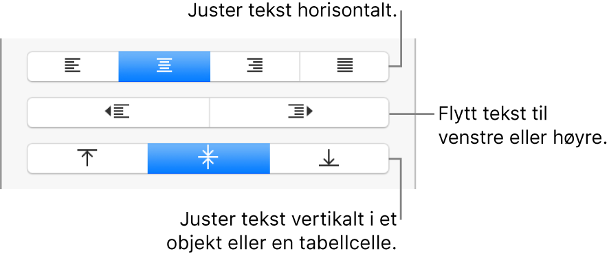 Justering-delen i formatinspektøren, med knapper for justering av tekst horisontalt og vertikalt og knapper for å flytte tekst til venstre eller høyre.