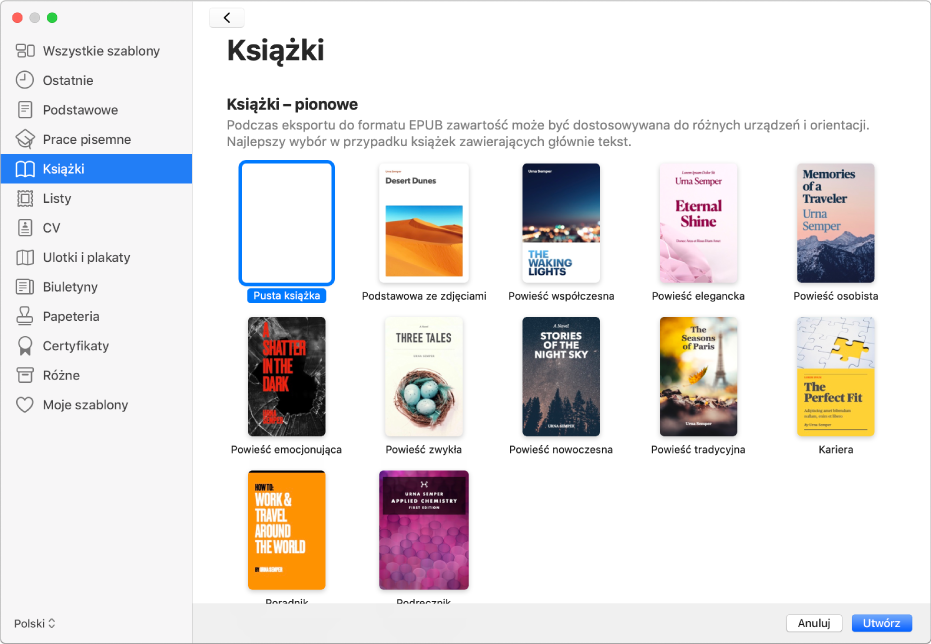 Paleta szablonów, zawierająca po lewej stronie listę kategorii, wśród których zaznaczona jest kategoria Książki. Po prawej stronie widoczne są szablony książek w orientacji pionowej.