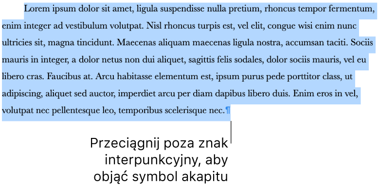 Zaznaczony akapit. Zaznaczenie obejmuje symbol akapitu.