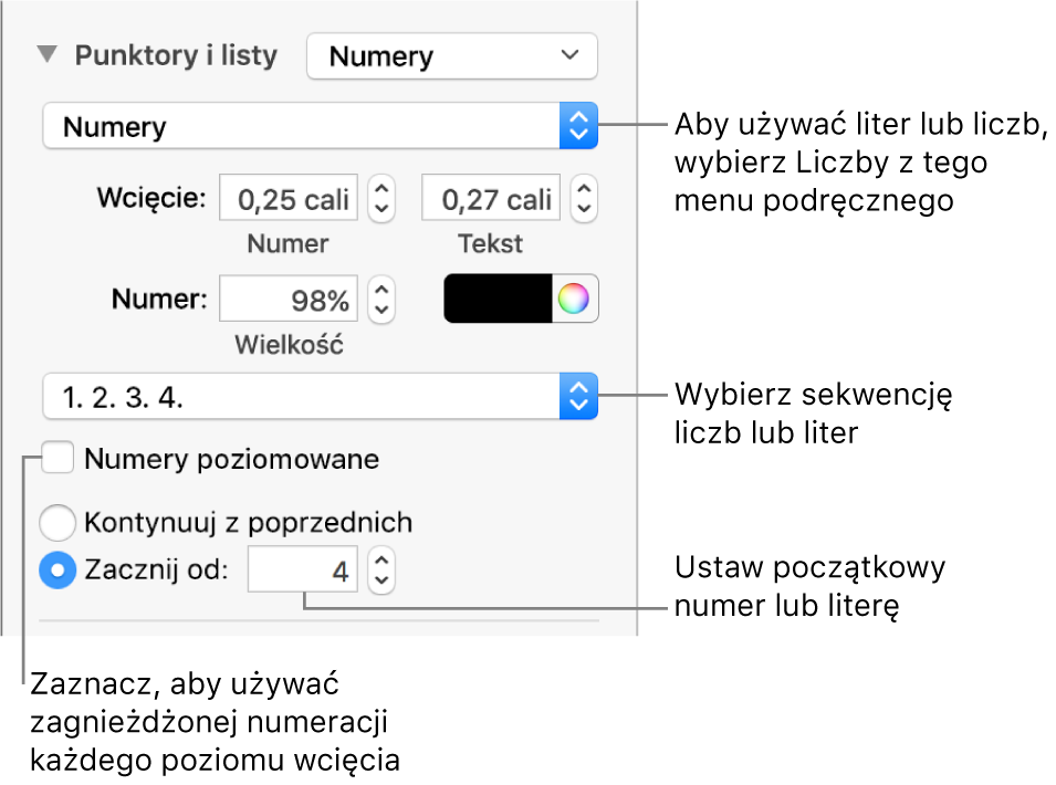 Narzędzia zmieniania stylu numeracji i odstępów listy.