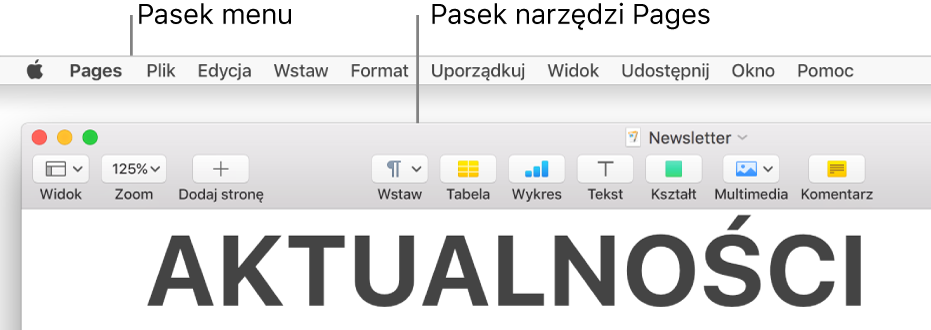 Pasek menu na górze ekranu, zawierający menu Apple, Pages, Plik, Edycja, Wstaw, Format, Uporządkuj, Widok, Udostępnij, Okno oraz Pomoc. Poniżej widoczny jest otwarty dokument Pages, zawierający w górnej części pasek narzędzi z przyciskami Widok, Zoom, Dodaj stronę, Wstaw, Tabela, Wykres, Tekst, Kształt, Multimedia oraz Komentarz.