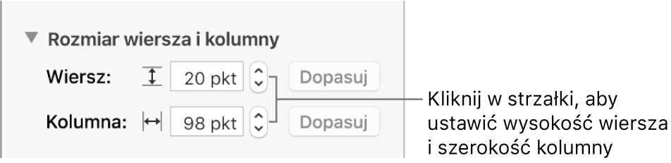 Narzędzia służące do dokładnego ustawiania wysokości wiersza lub szerokości kolumny.