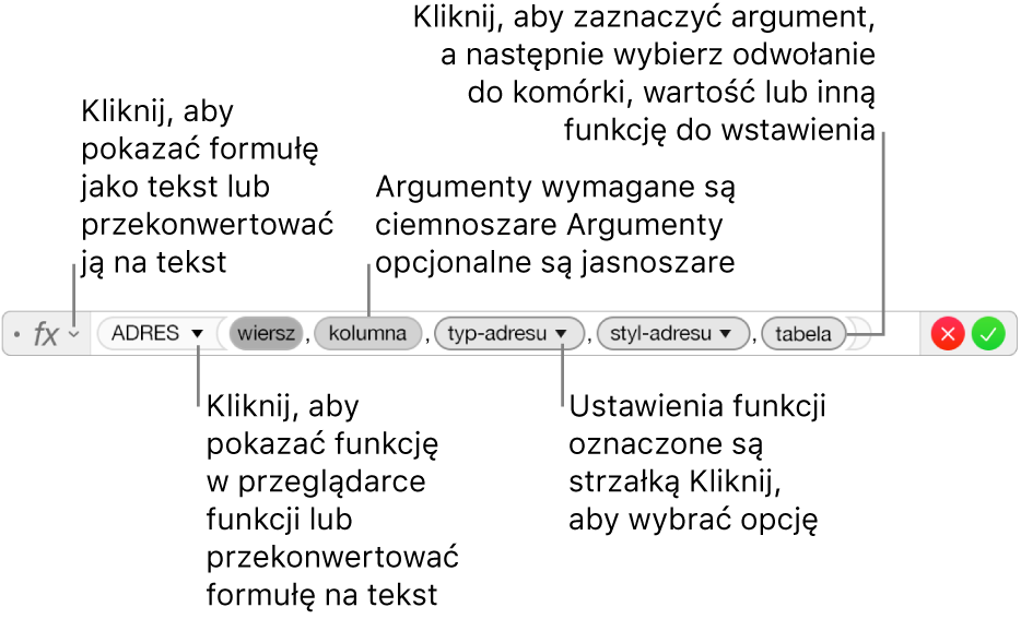 Edytor formuł z funkcją ADRES oraz tokenami jej argumentów.