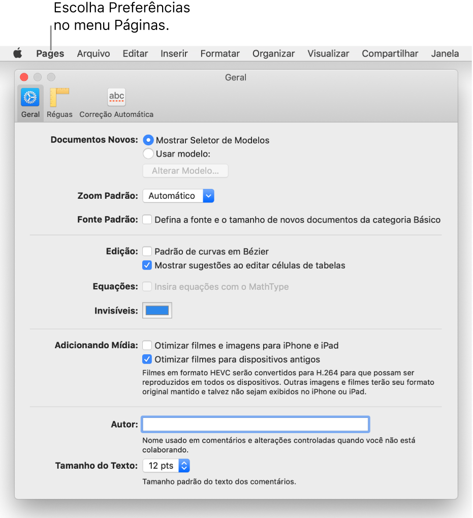 Janela de preferências do Pages aberta no painel Geral.