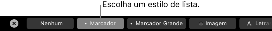 Touch Bar do MacBook Pro, com controles para escolher um estilo de lista.