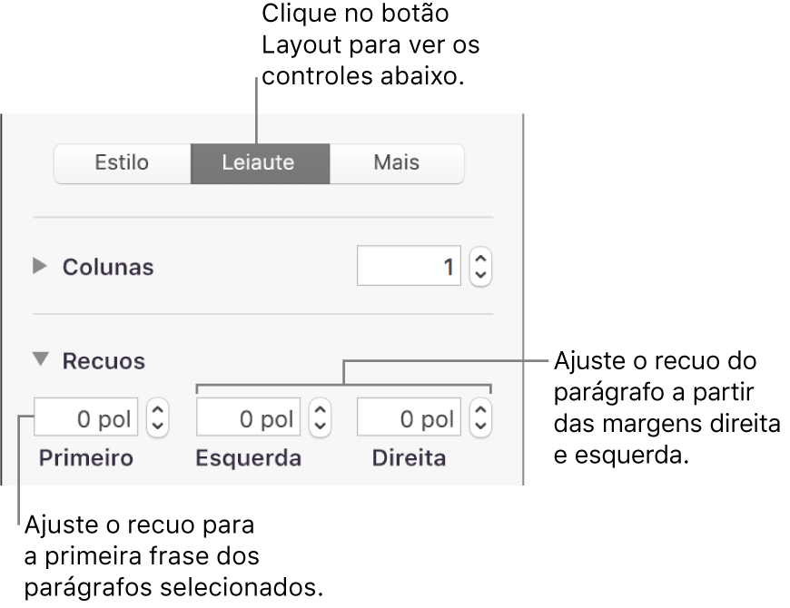 Controles da seção Layout da barra lateral Formatar para ajuste do recuo da primeira linha.