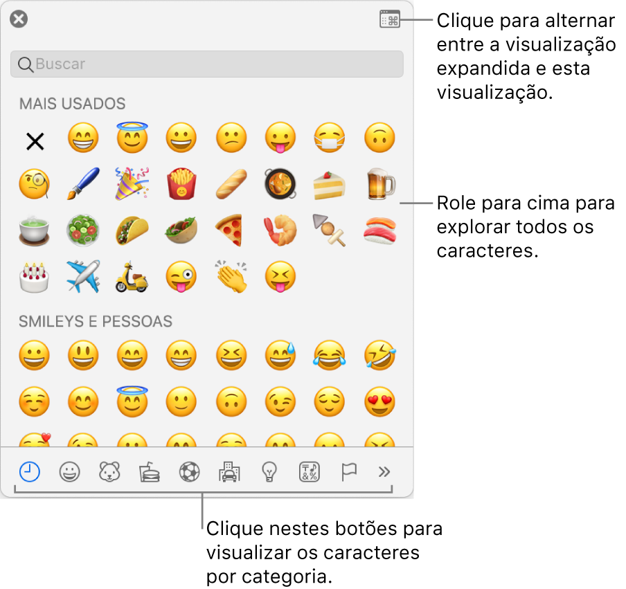 Menu local de Caracteres Especiais mostrando emoticons, botões para diversos tipos de símbolos na parte inferior e uma chamada para um botão para mostrar a janela Caracteres completa.