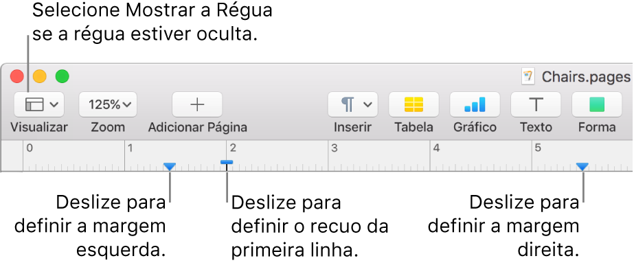 Régua com controle de margem esquerda e controle de recuo de primeira linha.