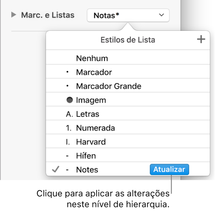 Menu local “Estilos de Lista” com o botão Atualizar ao lado do nome do novo estilo.