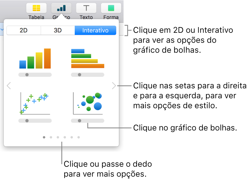 O menu “Adicionar gráfico” a mostrar gráficos interativos, incluindo uma opção de gráfico de bolhas.