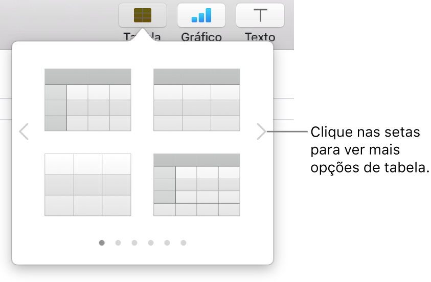 O menu “Adicionar tabela” com as setas de navegação.