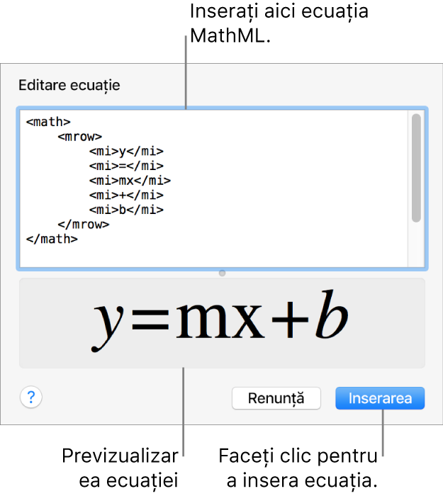 Ecuația pantei unei linii în câmpul Editare ecuație și o previzualizare a formulei dedesubt.