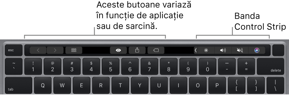 Tastatură cu Touch Bar deasupra tastelor numerice. Butoanele pentru modificarea textului se află în partea stângă și centrală. Funcționalitatea Control Strip din partea dreaptă are comenzi de sistem pentru luminozitate, volum și Siri.